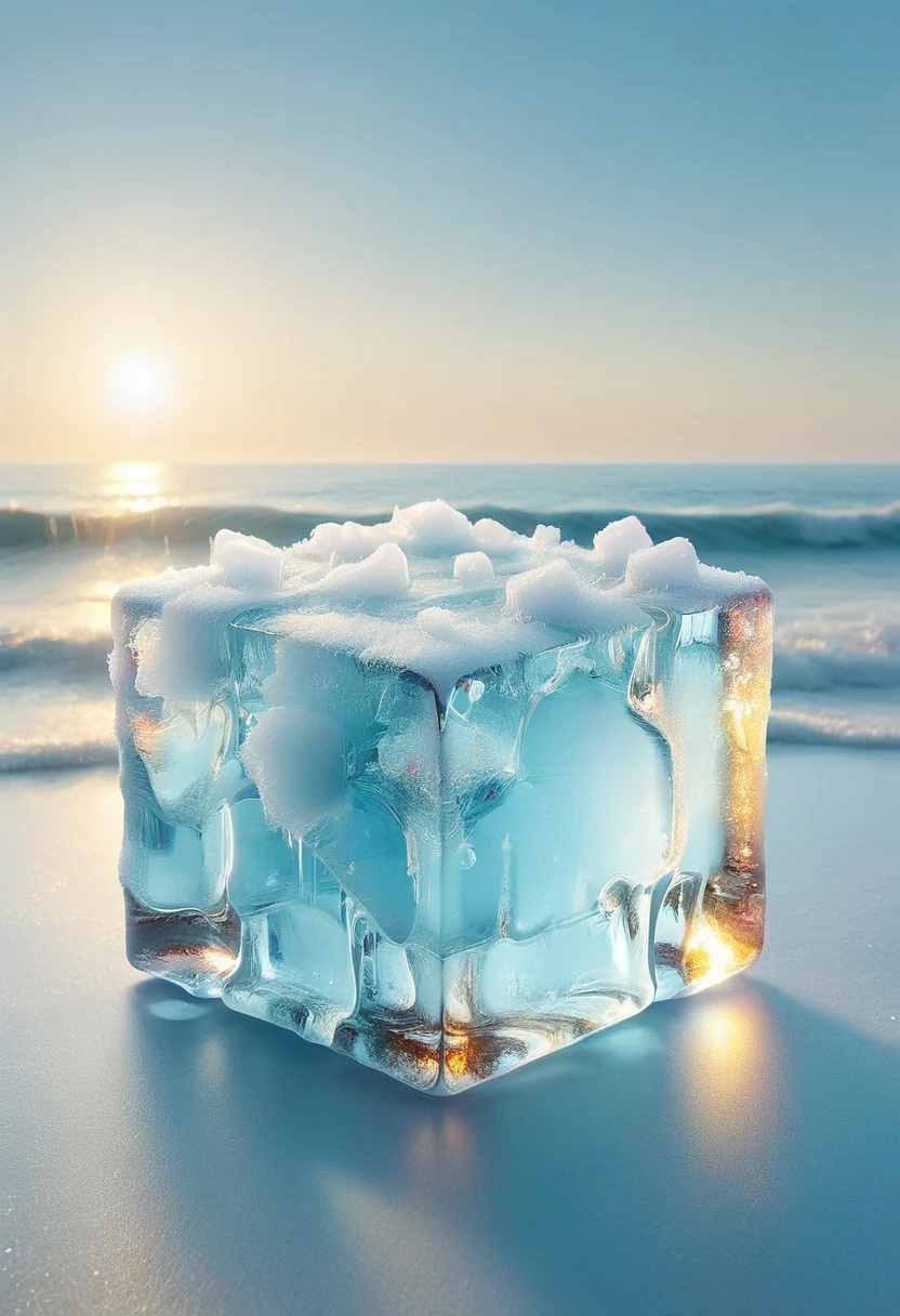 An oil painting，sunrise，Ocean，horizon，peaceful，Ice cubes里的红色玫瑰，Ice cubes，Frozen Rose，Refracted Light