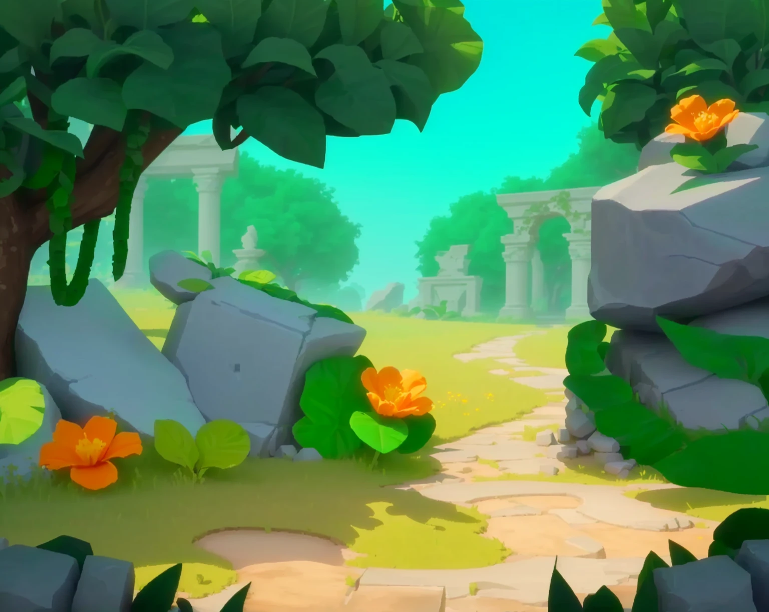 Game Architecture Design, Cartoon, Stone Statues, Ruins, Vines, Jungle, Grass, Flowers, Trees, Leisure Game Style, 3D, Mixer, Masterpiece, Super Details, Best