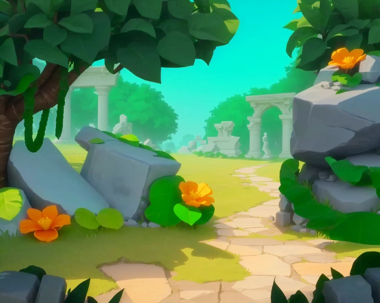 Game Architecture Design, Cartoon, Stone Statues, Ruins, Vines, Jungle, Grass, Flowers, Trees, Leisure Game Style, 3D, Mixer, Masterpiece, Super Details, Best