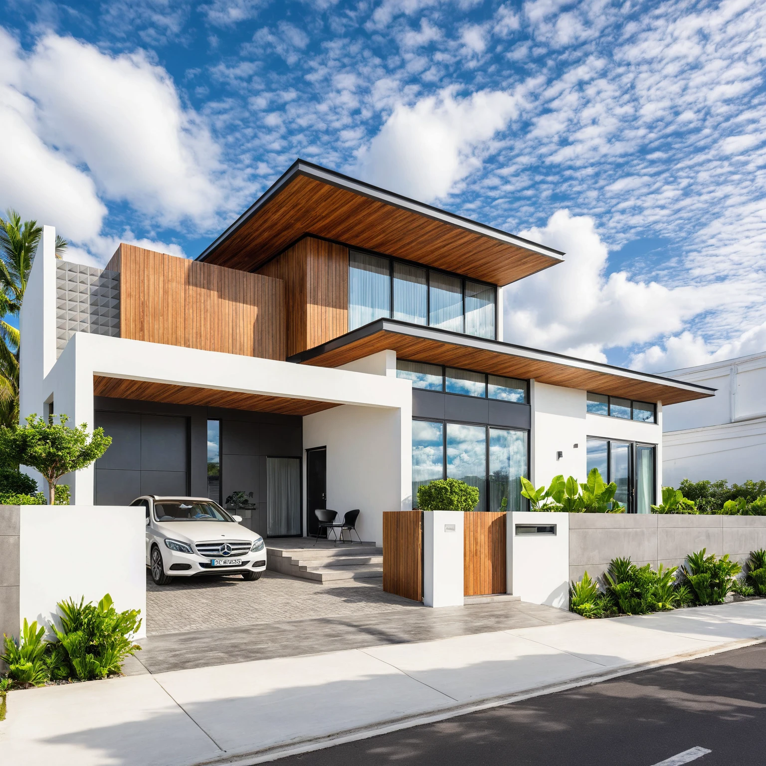 Masterpiece, high quality, best quality, authentic, super detail, outdoors, house style modern,bietthuhn, white wall, glass windows, gate road,pavement, grass, trees,blue sky, cloud, (day:1.1), realistic lighting