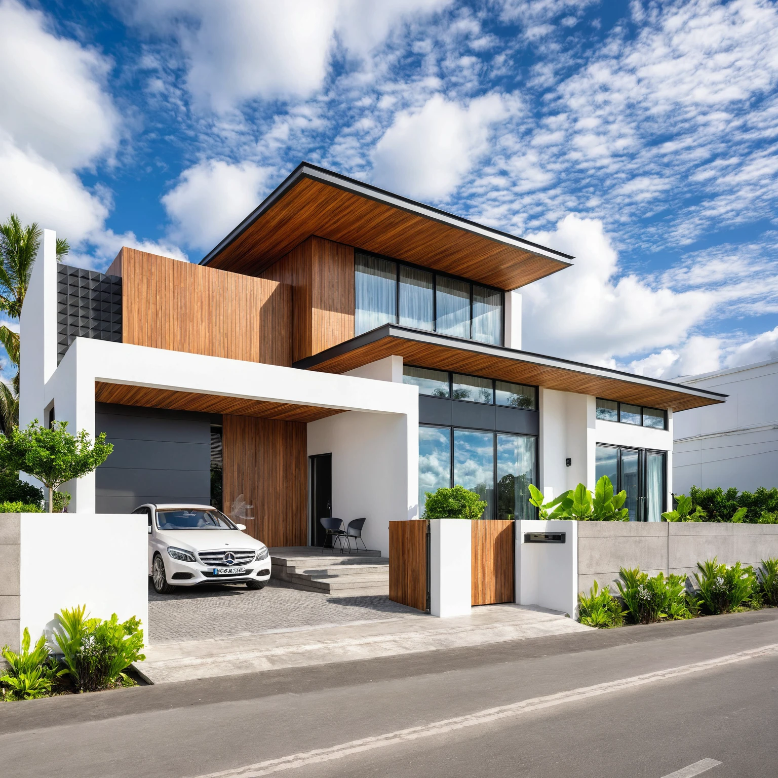 Masterpiece, high quality, best quality, authentic, super detail, outdoors, house style modern,bietthuhn, white wall, glass windows, gate road,pavement, grass, trees,blue sky, cloud, (day:1.1), realistic lighting