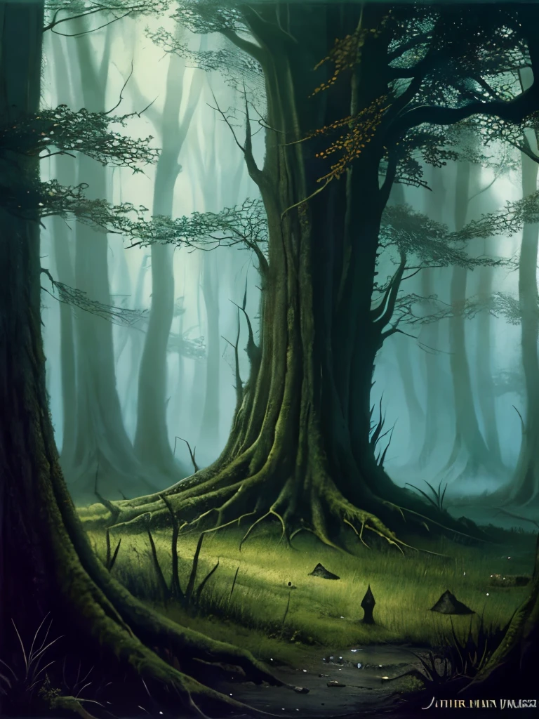 there are two birds that are sitting on a tree, dark fantasy art, dark fantasy mixed with realism, dark fantasy forest, by John Howe, fantasy dark art, painting by john howe, concept art of a dark forest, dark fantasy setting, creepy forest, # mist # horror # magic # spell, southern gothic art, of an evil tree wizard, creepy!!