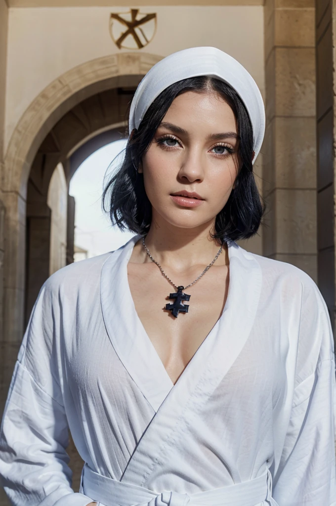 Short black hair, eyes as blue as the ocean, The outside outfit is a white robe, the inside outfit is a black suit, white headscarf, He wore an iron cross around his neck.