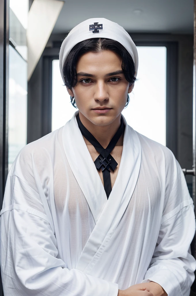 Short black hair, eyes as blue as the ocean, The outside outfit is a white robe, the inside outfit is a black suit, white headscarf, He wore an iron cross around his neck.