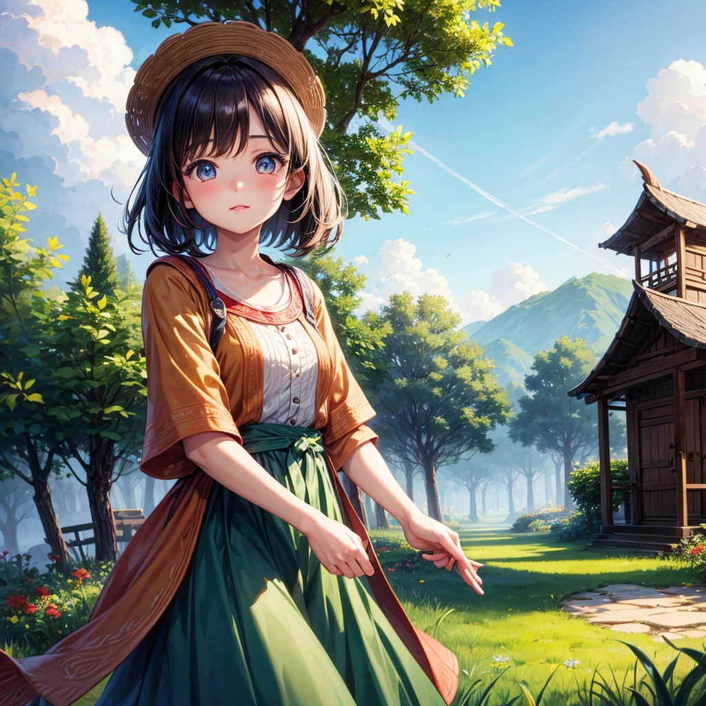 background nature village and warm, 1 girl with beautyfull eyes good body outfit villager but elegant