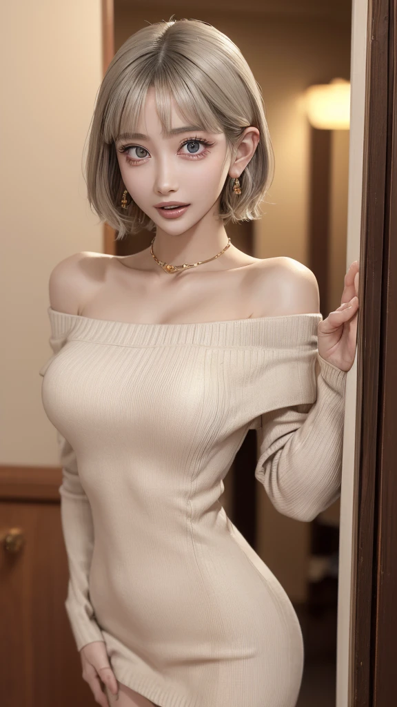 (masterpiece, highest quality, highest quality, Official Art, Beautiful and aesthetic:1.2, Cinematic lighting、Key light at 45 degrees from the front, Fill Light、Soft backlight),
Beautiful Face、Perfect round ass、The body is slim、Fit and body、Pale skin、Shiny, bright eyes、Long eyelashes、Glossy face、Pervert woman、Beautiful mature woman,
(Oily skin、Glowing Skin、Realistic skin texture、Beautiful skin in every detail、Shiny skin),
A 23-year-old 、(Cute:1.5)、
((Open your mouth:1.2))、masterpiece,highest quality,High resolution,Very detailed,skinny,,((Captivating smile ))、(Pixie short hair、gold & Blue hair), Choker,Many piercings,Big cleavage、(Light-colored off-the-shoulder tight sweater dress:1.5)、,Race,(( Perfect Fingers )) , indoor,(Open the front door 1.2),((sexy Gestures:1.5, A flirtatious, sexy face、A sweet, ecstatic face:1.5, Open your mouth and look at me))、Heavy breathing , (Lip gloss, eyelash, terrible face, highest quality, Ultra-high resolution, Wide Lighting, Natural Shading), Absolute area、
Accurate 5-finger、Accurate human body、The perfect human body、The most beautiful face, true to the human body、Correct five-finger、The perfect human body、Someone knowledgeable、Highly detailed face and skin texture、Natural neck length、(beautiful Hands)、beautiful, Slender legs、Straighten two legs、Straighten two arms、(orgasm:1.3, 細く鋭い目:1.3, steam:1.2, sweat, Vulgarity:1.3),(((Big Breasts:1.2)))