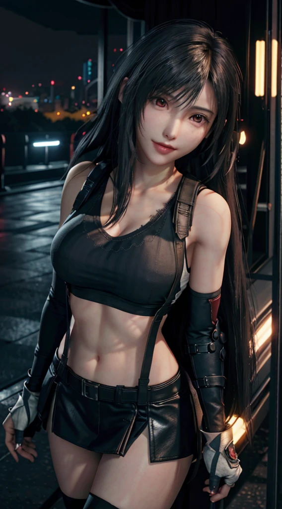 (8ｋ、Highest quality、masterpiece:1.2)、(Realistic、Realistic:1.3 people 7)、Very detailed、girl 1 mature mature woman mature woman people、cute、alone、、、、、、(Tifa Lockhart)、(Large Breasts)、(((Huge boobs)))、(((Shift clothes to show bra)))、(((Black Bra)))、(Beautiful Eyes)、(A cheerful smile:1.2)、(Closed)、Sexy pose、dance、neon、Cityscape、Depth of written boundary、Dark and strong shadows、Sharp focus、Auto、Motion Blur、bicycle、Depth of written boundary、composition、Glowing green light、Final Fantasy VII、tool、（鼻がredくなる）、Single Elbow Pad、Ankle boots、Dark black hair、Black thighs、red boots、Elbow hand pockets、Elbow pads、Fingerless gloves、Tight shirt、Play sports often、（suspenders,,,,,）Black Skirt)、tights、White tank top、whole body、Headrest、Lips、facial、Low Thai Long Hair、(red_It seems))、Yellow Flower、(night:1.3)、Complex、Bokeh、Cinema Lighting、Photon Mapping、Radio City、Physically Based Rendering、(Tetsuya Nomura Style)、Browsing Caution、Perfect breasts