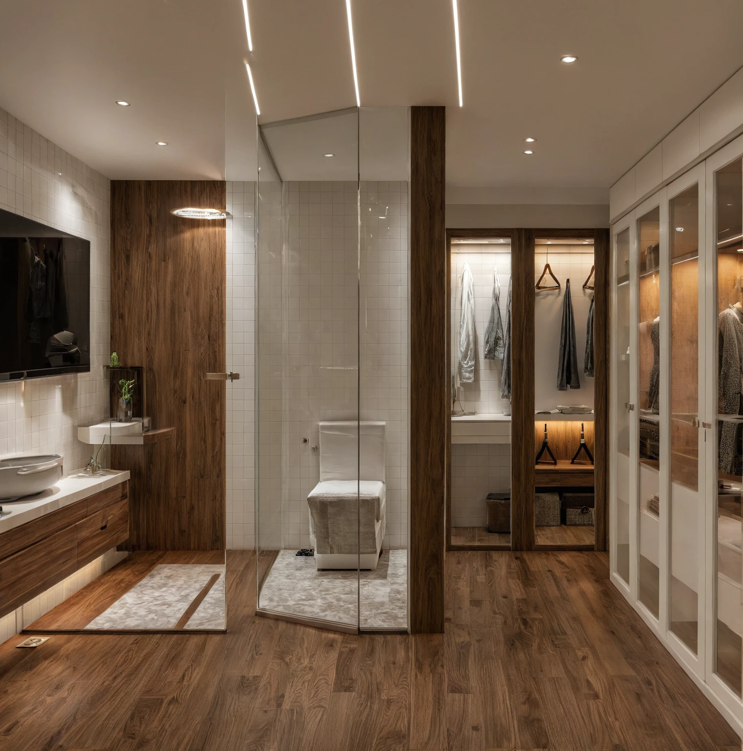 Raw photo,Masterpiece, high quality, best quality, authentic, super detail, interior, indoors, style Indochine modern, minimalist line, aiaigroup , wooden, walnut veneer wood, led light, white paint wall, sofa, BED RooM, day light, atrium