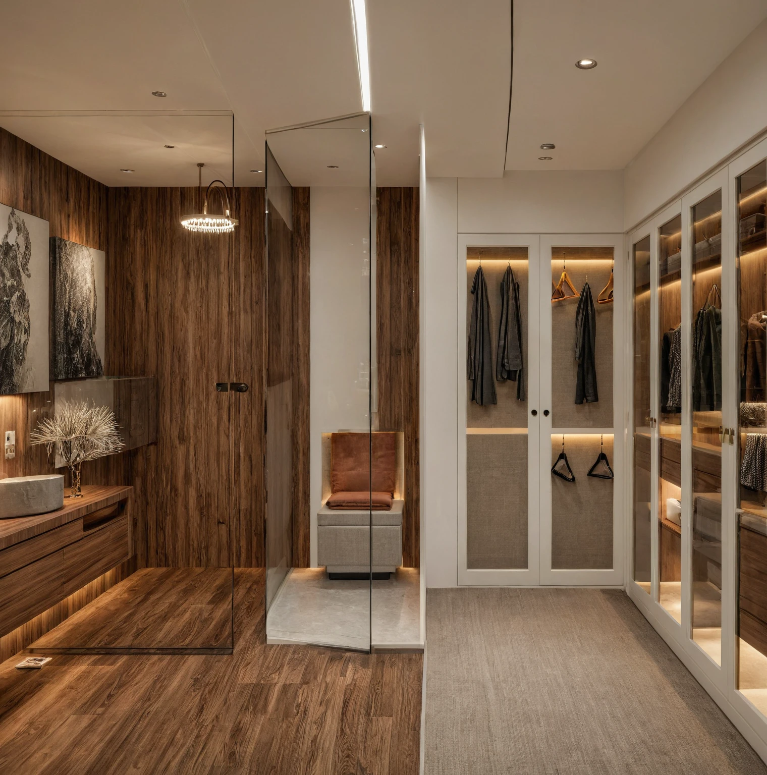 Raw photo,Masterpiece, high quality, best quality, authentic, super detail, interior, indoors,  style Indochine modern, minimalist line, aiaigroup , wooden, walnut veneer wood, led light, white paint wall, sofa, BED RooM, day light, atrium