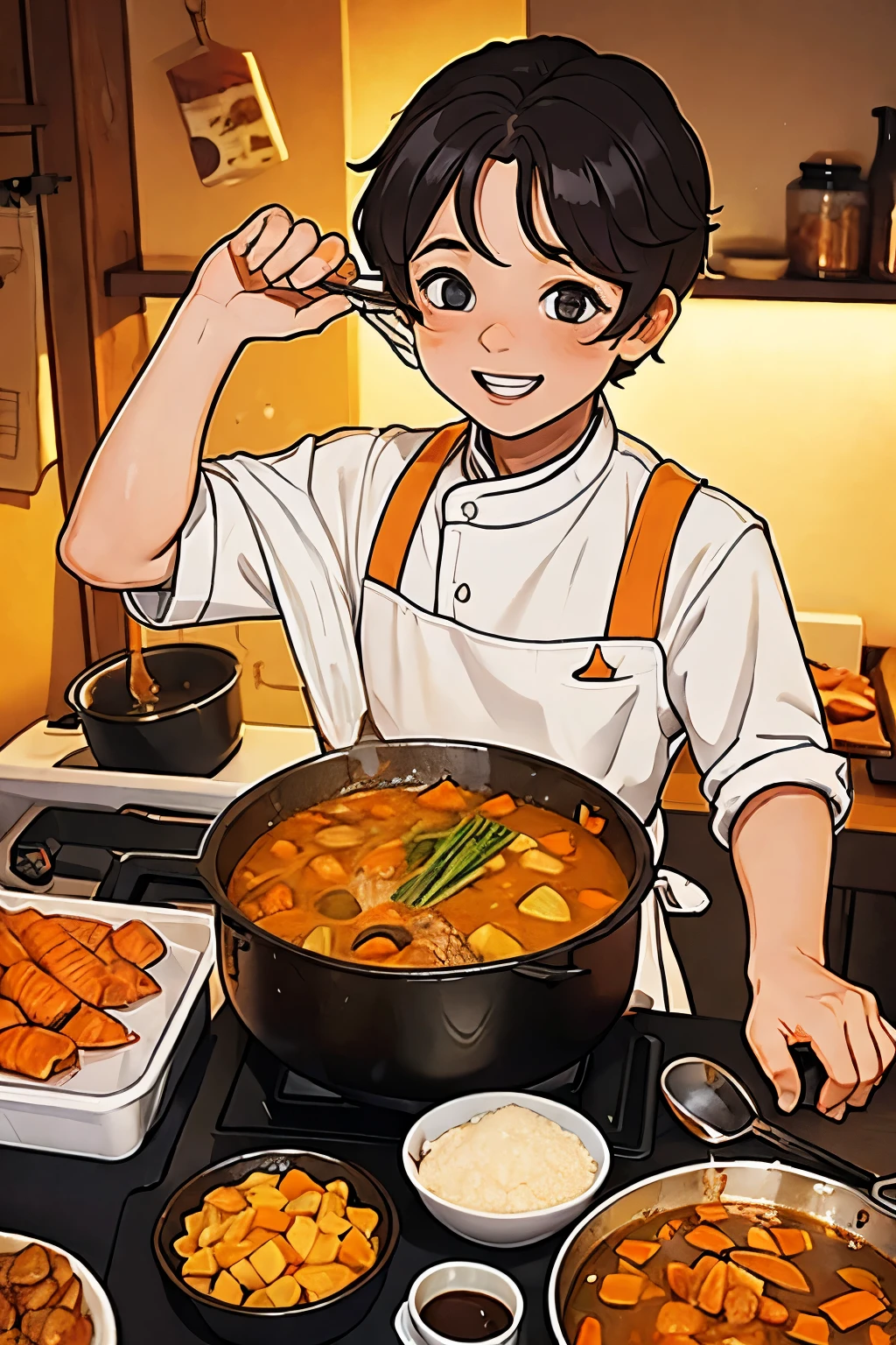 A boy making curry.
On his desk are onions, carrots, potatoes, and meat left uncut.
He is stirring a pot with uncut carrots.
The girl next to her is looking at her with sparkling eyes.
He is proudly making it, but he actually doesn't know how to make it.
He smiles a lot.