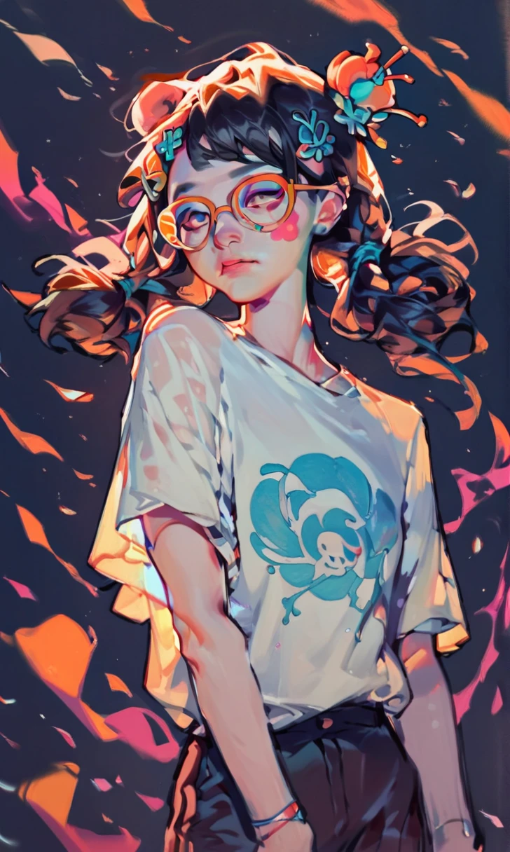 (score_9, score_8_up), score_7_up, score_6_up, score_5_up, score_4_up, 1girl, rim lights, pale skin, pigtail hair, long black hair, hair pin, black background, vibrant, high contrast, painterly, traditional oil paint, white t-shirt with panda face design on it, black shorts, glasses,