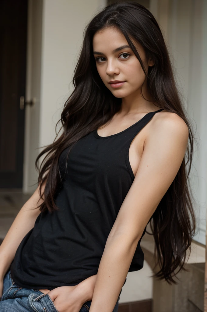 beautiful young girl in black tank top, long wavy dark hair