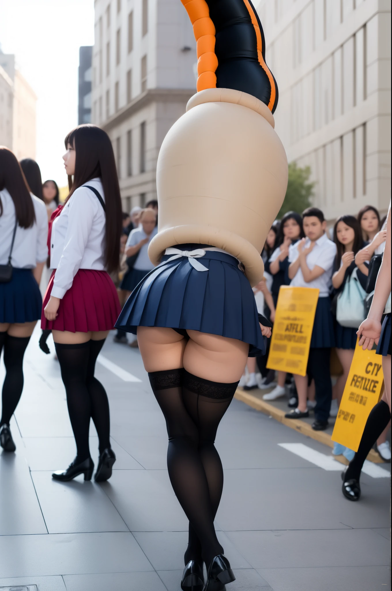 , natural lighting, masterpiece, highly detailed, realistic, 8k resolution, high quality, aichan, city, pleated miniskirt, (lace panties:0.8), narrow waist, (cell vore), (tail vore:1.3), struggling, ass view, thigh highs, (girl crowd)