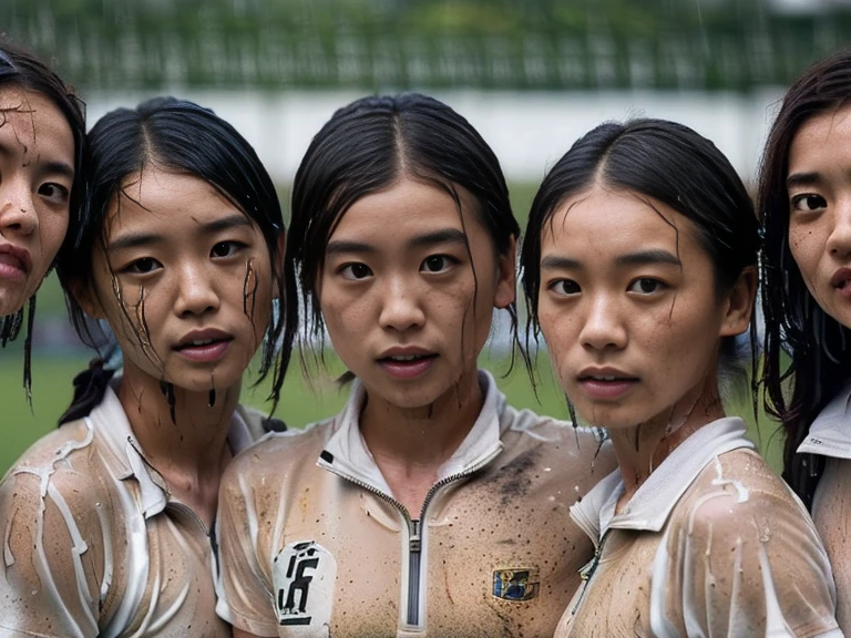 (A dirty field hockey uniform with plain white short sleeves and a very tight white half zip:1.7)、(A large, dirt-stained, white, square collar: 1.6)、(Red clay ground:1.5)、My hair is wet and messy、(Beautiful Japanese woman covered in dirt:1.8)、Highest quality, masterpiece, Ultra-high resolution, Photorealistic, Raw Photos,Detailed face,(Muscular woman:1.4), (Fastener open: 1.8), (Upper body zoom up:1.0),(Everyone wears the same clothes:1.0), All members are super beauties, (Three beautiful Japanese women standing quietly: 1.7), (Hair tied up: 1.4), (Expressionless:2.0), Bright photo, (My whole body is drenched in rain: 1.8), (Covered in mud and earth: 1.2)
