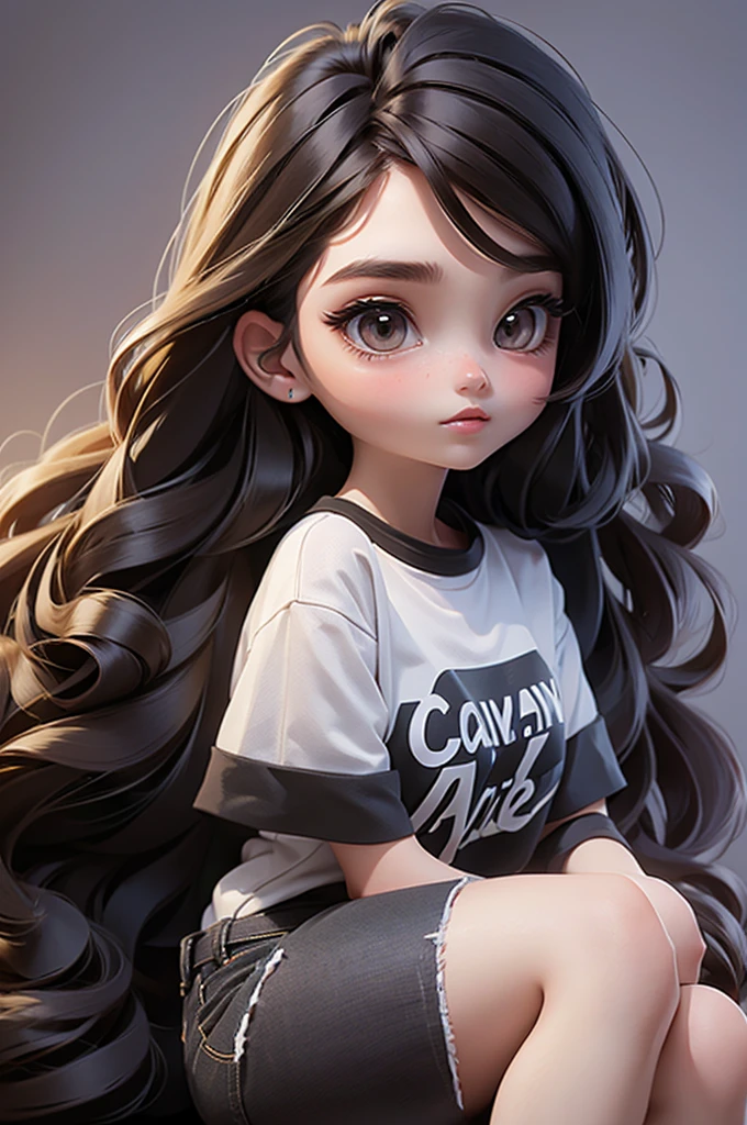 1 girl, long hair, Thick hair, Curly hair, Wear a "love" shirt, hairdresser, Sitting floating