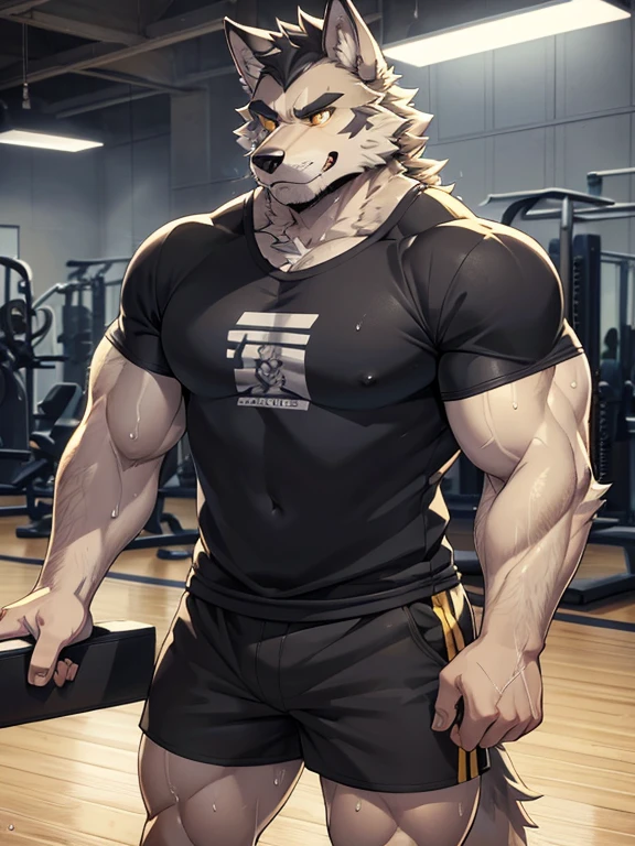 Muscular anthropomorphic wolf, dark grey fur, in his 30s, yellow eyes, wearing tshirt and shorts, in gym, Perfect detailed features, comic realism, 2D, working out, sweating, Hand drawn, manga style, comic style, drawing, big wolf, handsome, sparkling light, rugged, looking at camera, comic style