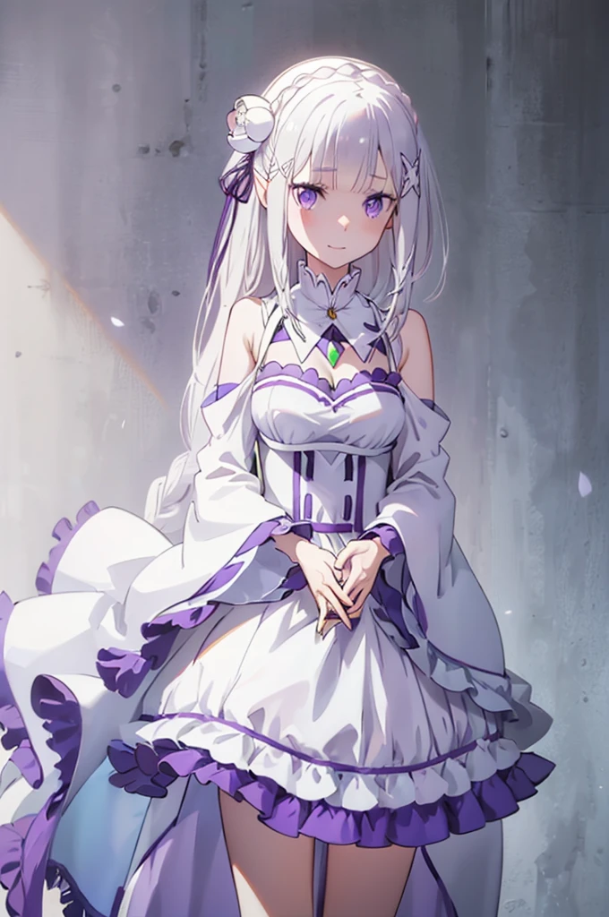 emilia,
Rezero emilia,
1girl,
best illustration, masterpiece, best quality, (anime screencap:0.8), (official art:0.7), detailed beautiful face and eyes, nice hands, perfect hands, BREAK long hair, low-tied long hair, braid, crown braid, animate, anime keyvisual,
white hair,
(purple eyes:1.2), (beautiful detailed eyes:1.6),
looking at viewer,
pointy ears,
BREAK smile,
dress, pink dress, BREAK bare shoulders, detached collar, long sleeves, shoulder cutout, wide sleeves, white sleeves,
medium breasts,
zettai ryouiki,
flower, hair flower, hair ornament, hair ribbon, white flower, x hair ornament,
cowboy shot ,
perfect lighting,
background of indoor,