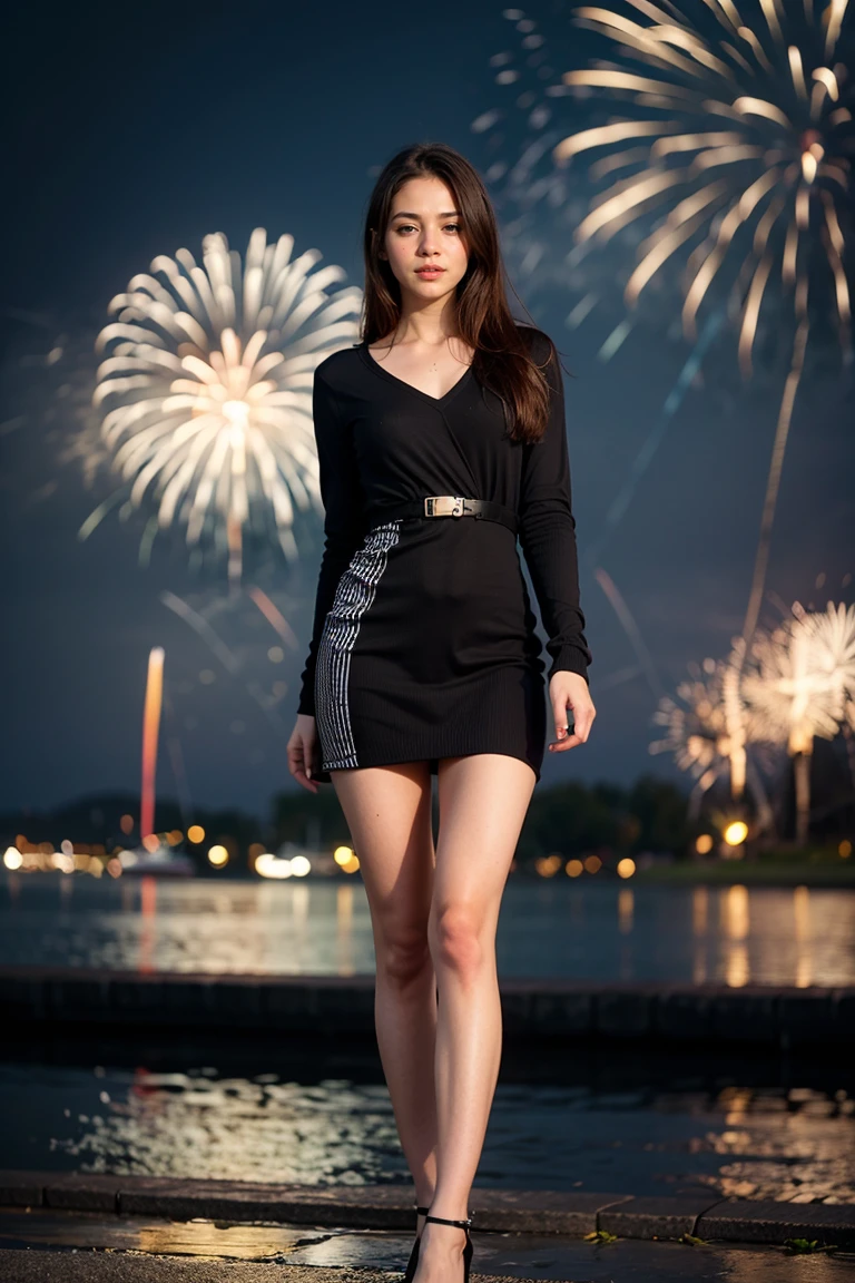 girl, happy new year, flare, ((firework:1.5)), night, night sky,  perfect anatomy, outdoor, detailed face, detailed finger, perfect light, best quality, high res, ultra hd, casual dress, snow, snow man, wind, girl foucs, (skinny legs:1.4), detailed skin texture, (blush:0.2), (goosebumps:0.3), subsurface scattering