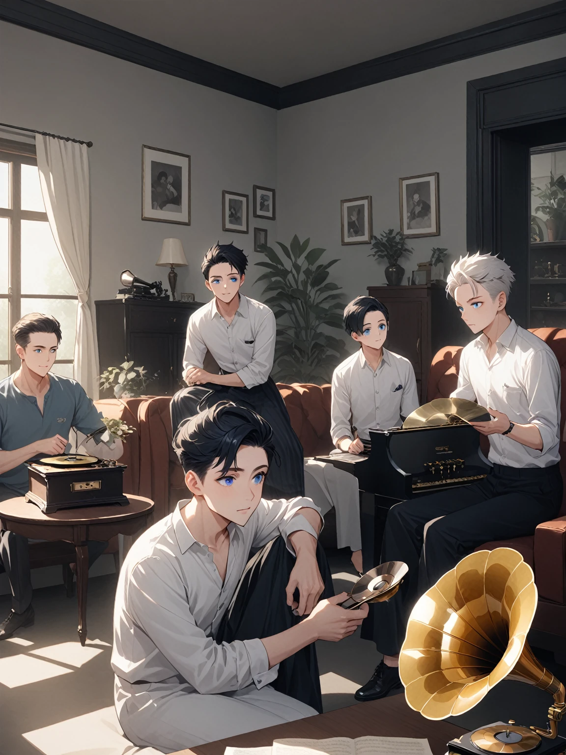 gramophone วินเทจ, simple living room , Quiff hairstyle, black short hair , old phonograph, gramophone,Listen to music,rest day ,The background is the house. , 3 men, 3 men, (30 year old man:mature man,สวมใส่white dress,black hair, blue eyes),(2 year old boy:black dress,black hair,blue eyes),(2 year old boy:white dress,white hair,blue eyes)