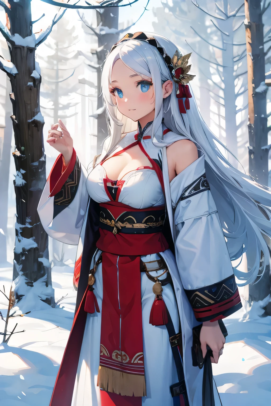 1 girl, single girl, cute, long white hair, light blue eyes, big breasts, big hips, wedding girl, Amasonic tribal clothing, clothes with hair, Amasonic tribal clothing, torn fabric, in a snowy forest, snow