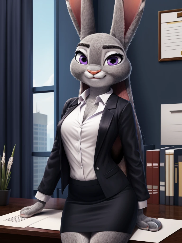 best quality,
masterpiece,
High quality
ultra-detailed
beautiful detailed,
hyper Realistic,
Portrait,
Looking at the audience,
detailed background,
background is an office,
(Face is JudyHopps:1.3),
((long straight hair)),
wispy bangs, bangs,
purple eyes,
(arched eyebrows:1.1),
(uplift eyebrows:1.1),
(rabbit ears:1.1),
office lady is wearing suit,
((White blouse)),
((Black blazer jacket)),
((Black skirt)),
clothes made of cotton,
(body is gray felt:1.3),
human hands,
(solo:1.5),
(1 lady:1.5),
one character only
alone,
Perfect Anatomy