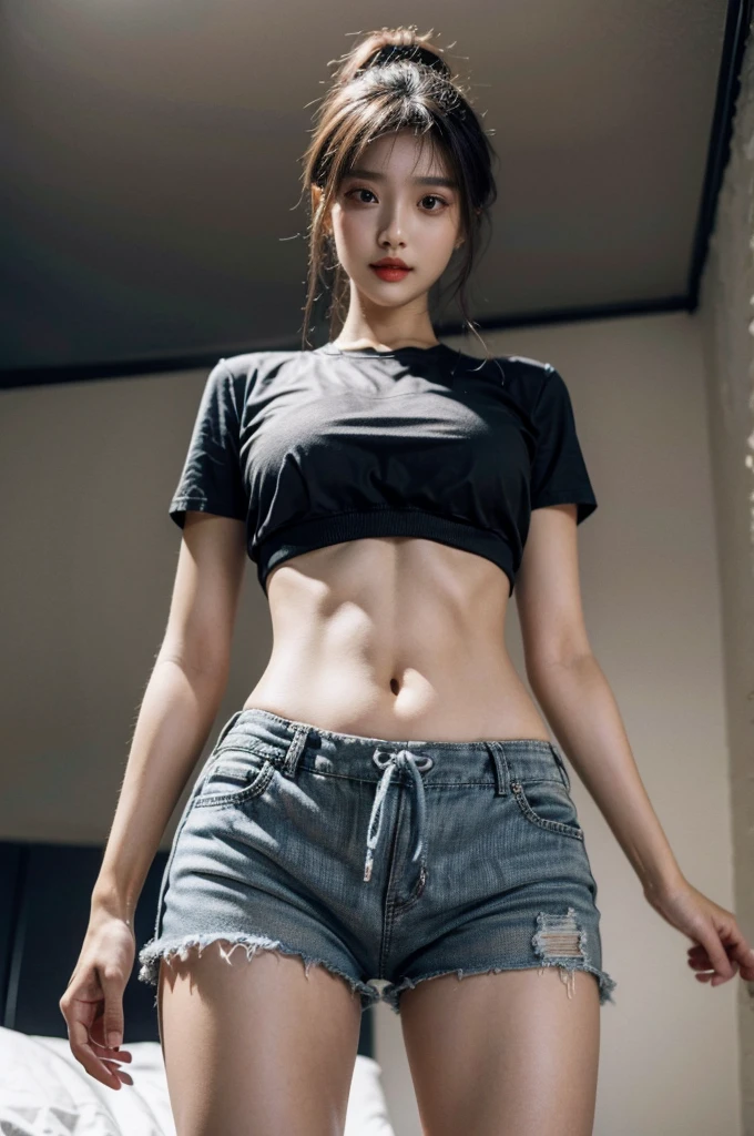 best quality, masterpiece, high resolution, 8K, (current: 1.4), Ultra high resolution, 1 girl, Super detailed, Hyper-Reality, Highly detailed CG illustrations, official art, Light, Reality, young beautiful girl, Perfect body, Perfect body, full view, Perfect body, (start from below: 1.3), mask, posture, Sexy long legs, confident, Beautiful and sexy, Gray short sleeves, open belly, Black super shorts, S-shaped body, upturned buttocks, hypothesis, 摆posture, Different perspectives