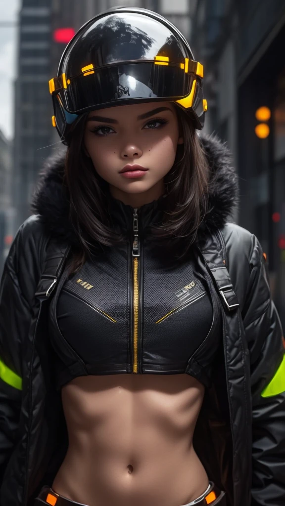 A warrior woman with a cyberpunk costume, with lights on the skin and top, (CG unity 32k engine), Wearing helmet and mask closed  full head, and armor showing parts of his body, blurred destroyed city background 