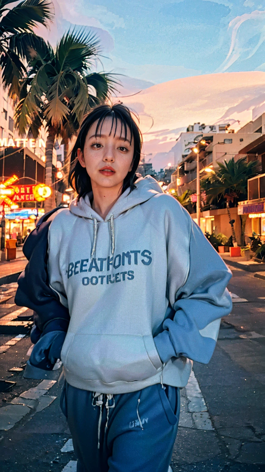 8K, 1girl, beautiful, black bob hairstlye, ((wear orange oversized hoodie)), oversize_shirt, ((purple sweatpants)), Evening light,Bridgeside,Taking a walk,(purple slacks), look at viewer, (((80's architecture colorful motel))) ,perfect beautiful face,perfect nose,perfect eyes, perfect lips kodak gold 200 fisheye-8mmlens-v2exp ,25 yo cute korean, ((busty perfect body)) perfect face, 35mm film,palm trees, blue sky, sunny summer, los angles vibes (photorealistic:1.2), (ultra realistic:1.3), (very detailed:1.1), ((masterpiece)),