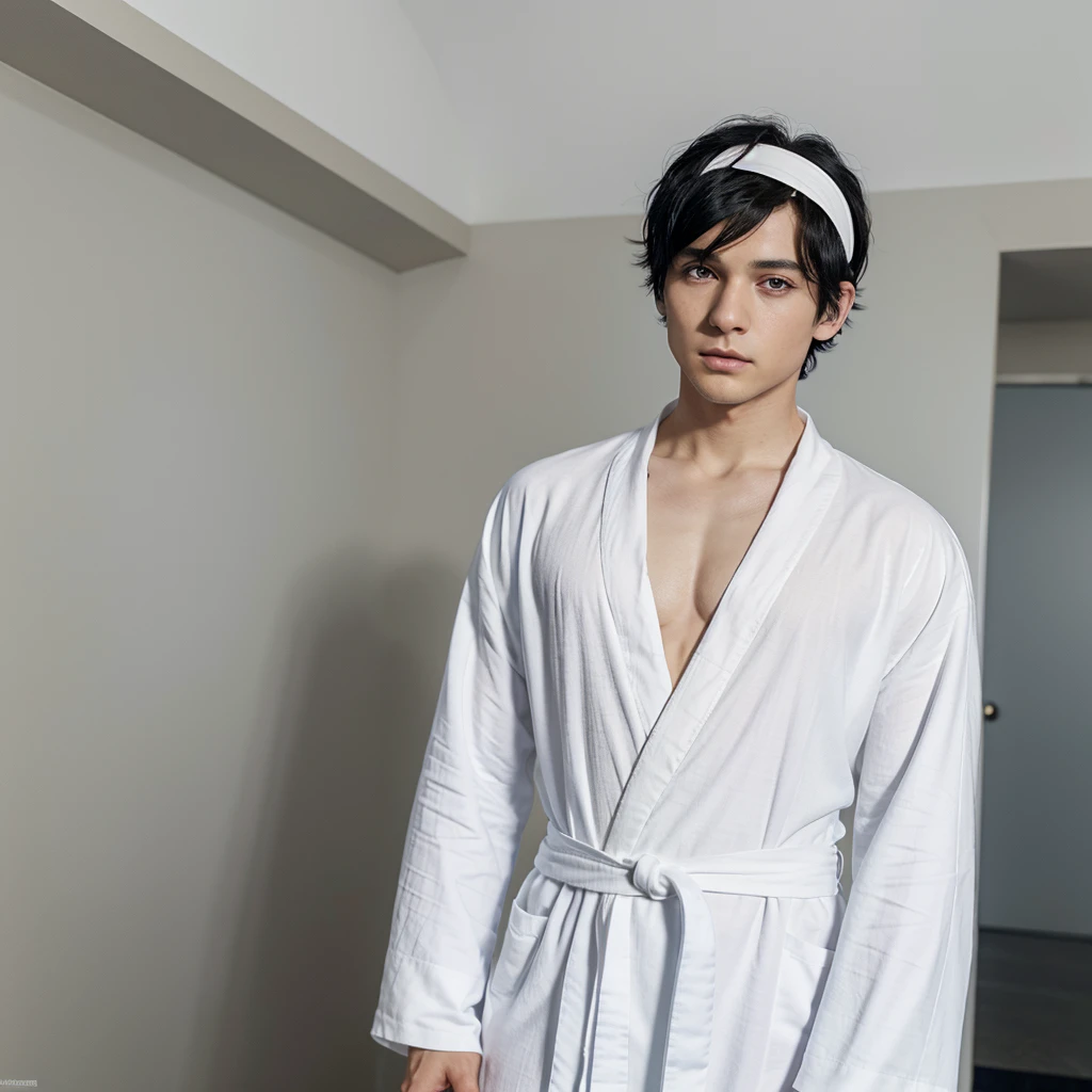 Anime, Short black hair, eyes as blue as the ocean, The outside outfit is a white robe, the inside outfit is a black suit, white headscarf, He wore an iron cross around his neck