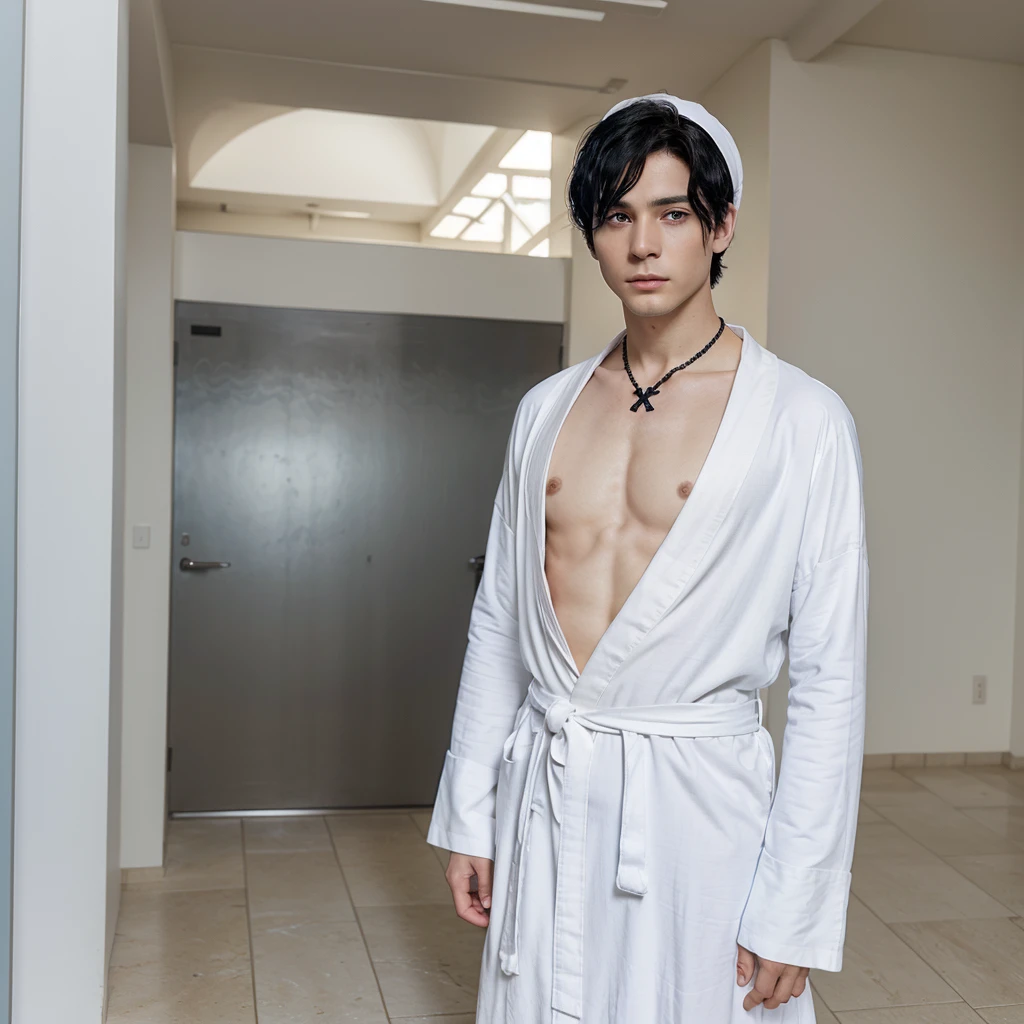 Anime, Short black hair, eyes as blue as the ocean, The outside outfit is a white robe, the inside outfit is a black suit, white headscarf, He wore an iron cross around his neck