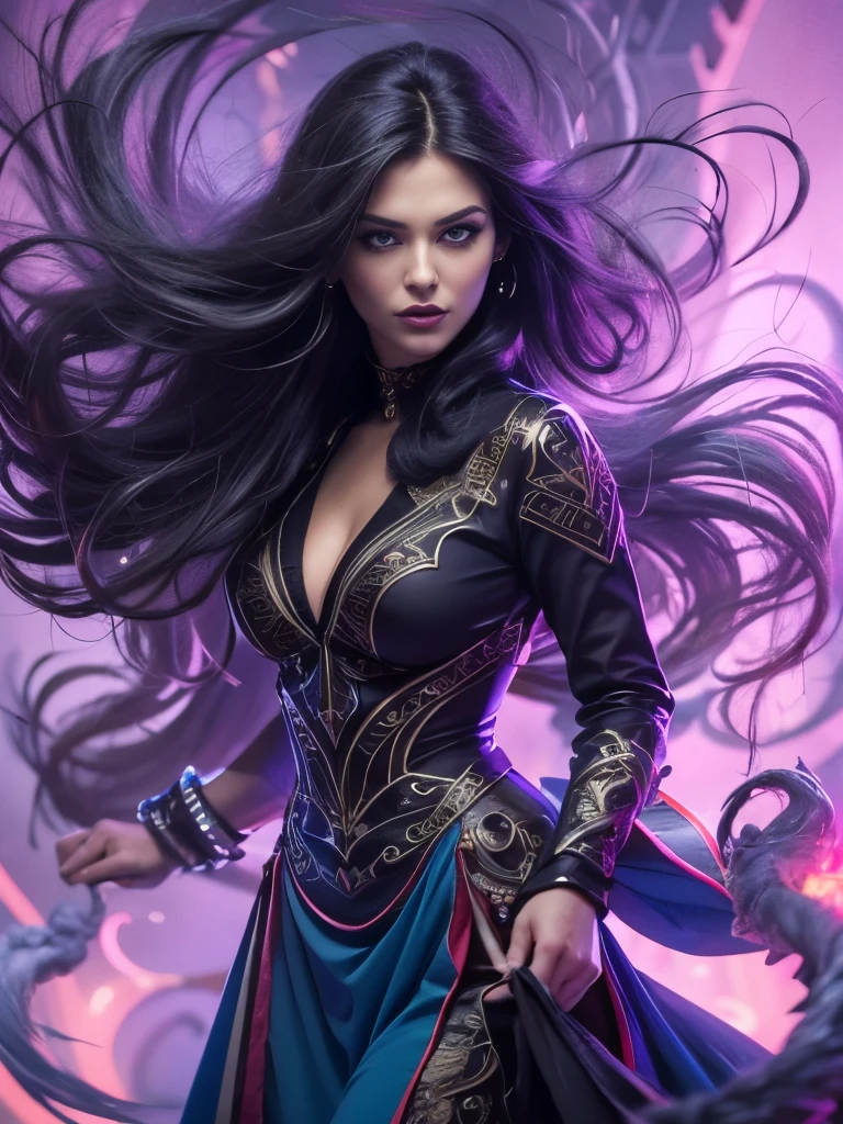 1 ultra hot gorgeous European woman. Age 23., close up, beautifully evil model, sophisticated sorceress, powerful goddess, super villainess, hourglass figure, purple dress, symmetrical, highly detailed face, long flowing black hair, mesmerizing blue eyes, lush red lips, coy smile, enticing, alluring, facing viewer, looking at viewer, blue smoke swirls around her, real, high detail, best quality