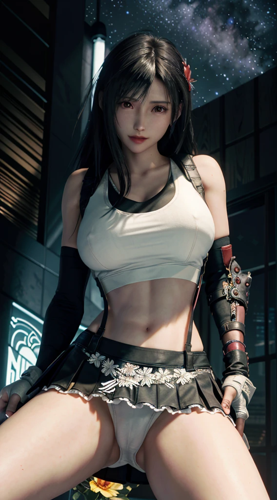 (8k、Highest quality、masterpiece:1.2)、(Realistic、Realistic:1.3 people 7)、Very detailed、girl 1 mature mature woman mature woman people、cute、alone、、、、、、(Tifa Lockhart)、(Large Breasts)、(((Huge boobs)))、(((Shift clothes to show bra)))、(((Black Bra)))、(Beautiful Eyes)、(A cheerful smile:1.2)、(Closed)、Sexy pose、dance、neon、Cityscape、Depth of written boundary、Dark and strong shadows、Sharp focus、Auto、Motion Blur、bicycle、Depth of written boundary、composition、Glowing green light、Final Fantasy VII、tool、(鼻がredくなる)、Single Elbow Pad、Ankle boots、Dark black hair、Black thighs、red boots、Elbow hand pockets、Elbow pads、Fingerless gloves、Tight shirt、Play sports often、(suspenders,,,,,)Black Skirt)、tights、White tank top、whole body、Headrest、Lips、facial、Low Thai Long Hair、(red_It seems))、Yellow Flower、(night:1.3)、Complex、Bokeh、Cinema Lighting、Photon Mapping、Radio City、Physically Based Rendering、(Tetsuya Nomura Style)、Browsing Caution、Perfect breasts、(((Spread your legs)))、(((White panties are visible)))(Body facing towards the camera)、((Under the skirt))、((A woman rolling up her skirt))、((View from below:1.4))、((Panties close up:1.5))