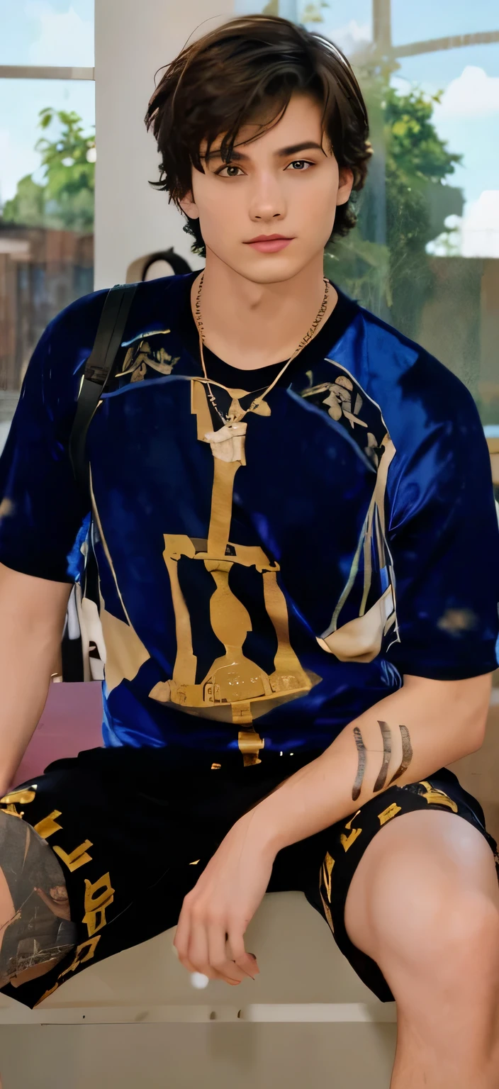1 guy, short hair, blue t-shirt, brown eyes, brown skin, is sitting