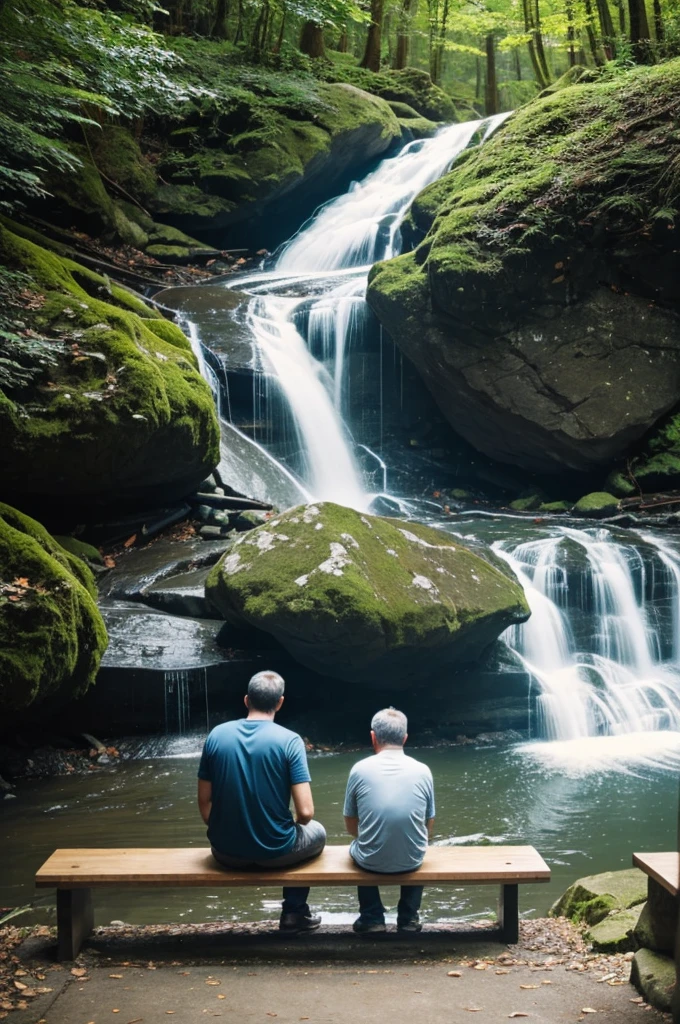 Man sitting on a bench with his dog and looking at a waterfall