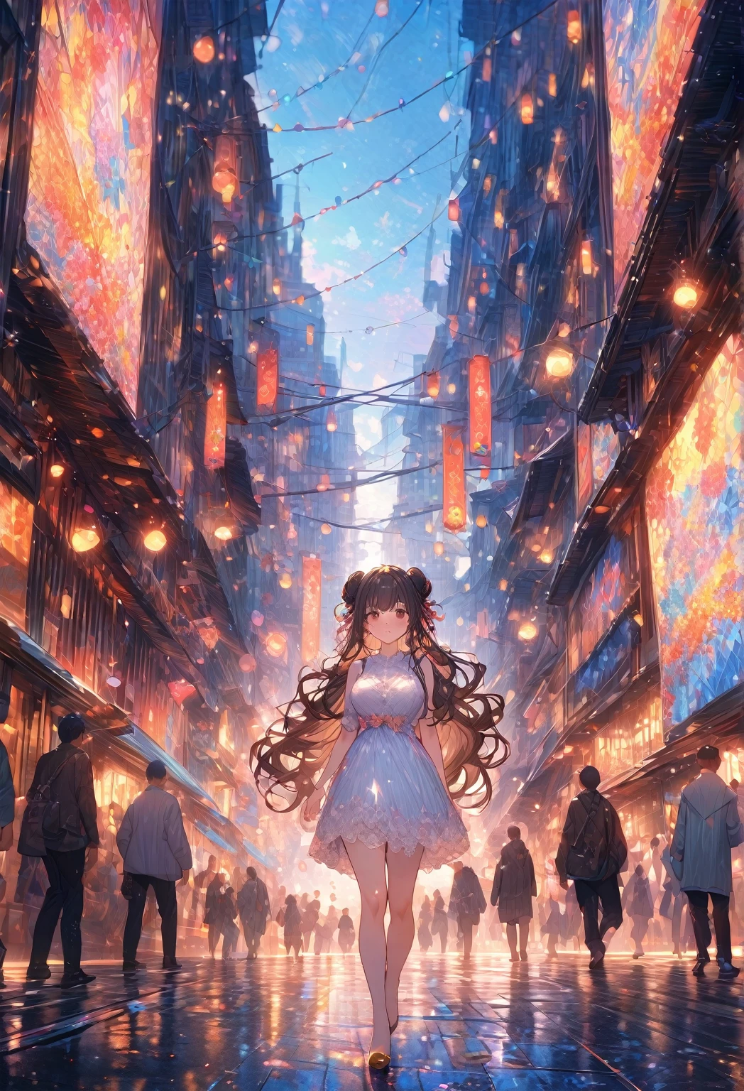 ((masterpiece:0), best quality, very aesthetic, newest, absurdres, detailed, high quality)
BREAK
highest quality, top quality, details, highres, ultra fine painting, digital art, official art, cinematic, 4k, 8k resolution, 8K CG wallpaper, CG, original artwork, detailed background, colorful background, blue atmosphere, High Dynamic Range, blurry background, blue hour, Starburst effects, crepuscular rays, good ISO, high resolution, wide shot, from far away, RAW photo, POV, sharp focus, light reflection, reflections, intricate details, soft light, particle noise, professional photography, bokeh, depth of field, natural lighting, vibrant colors, looking away, detailed lights and shadows, stylish, ultra-detailed, top rated on Pixiv, trending on Artstation, niji style, modern-days, master crafted, pose
BREAK
solo, 1girl, pale skin, correct fingers, detailed hand, (big breasts:1.2), tight breasts, big thighs, small torso, short body, flushtered, blush, anxious expression, casual, slim, ((cute, childlike face):1.3), nice hips, nice body, brown hair, (very long flowing hair, (big 2 buns hairstyle)), long bangs, long hair, middle hair bangs, brown eyes
BREAK
((naked:1.3))
BREAK
a person walking down a street with a crowd of people, crowded street, crowded streets, in front of a large crowd, giant crowd, girl walking through city, people walking down a street