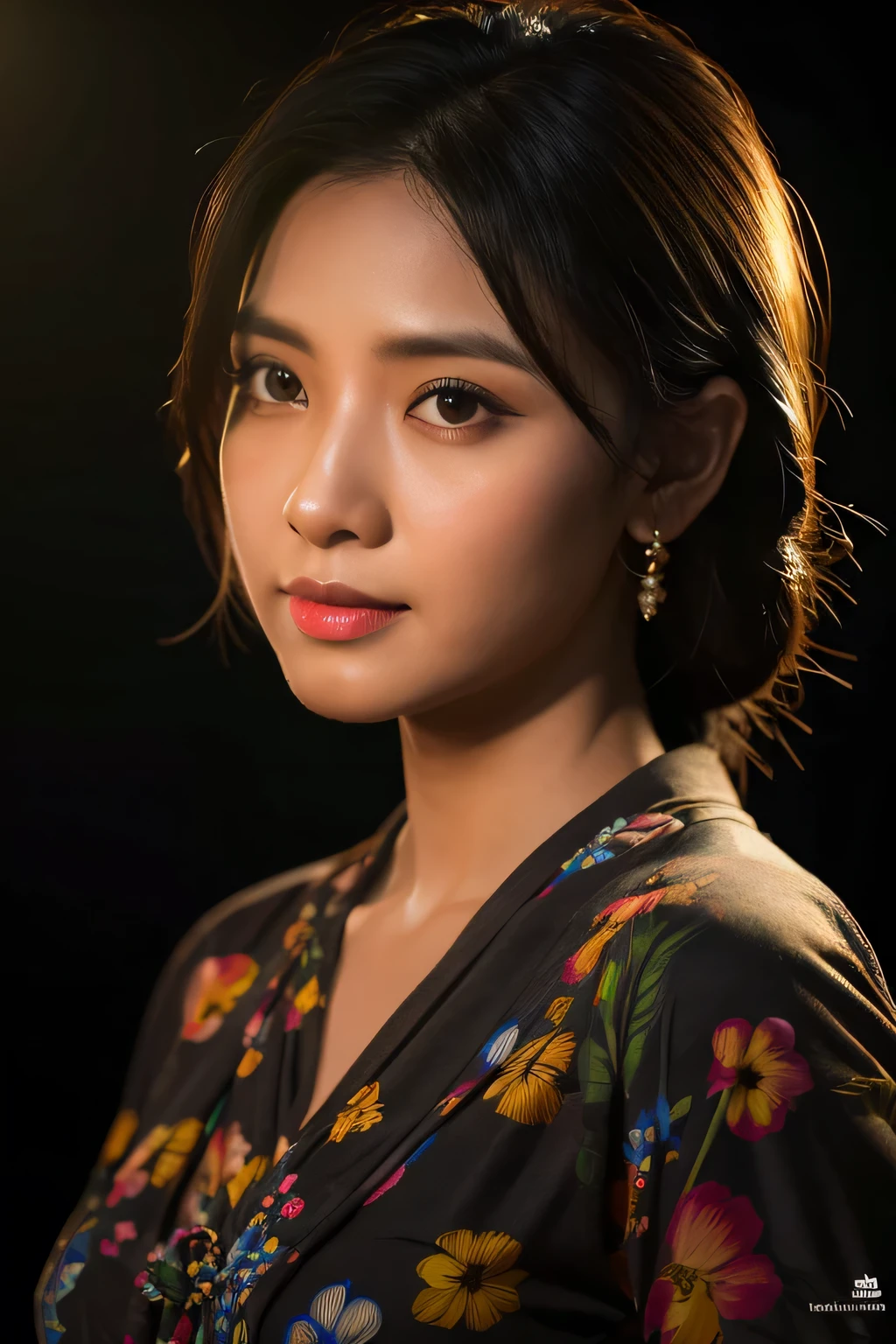 flowers,sunset,in dark,dark theme, masterpiece,official art,best quality,ray tracing,volumetric light,realistic,photorealistic,ultra highres,vivid, woman , sarong, close up,Thai sarong