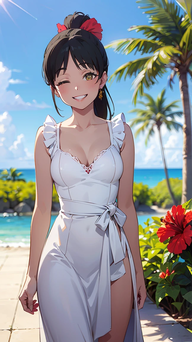 ((Pure white dress: 1.5)), ((Luxurious dress: 1.5)), ((Cute dress with frills: 1.5)), High quality, (8K, Raw, Best quality, Real: 1.5)), Ultra high quality, High resolution, Best quality, Perfect face, Perfect limbs, Perfect fingers, High resolution, (((Tropical resort: 1.5))), (((Hibiscus and palm trees growing in the background: 1.5))), (((Clear sky: 1.5))), (((Delighted: 1.5))), Deserted tropical resort background, One girl, (((: 1.5))), (Beautiful anime face, Cute face, Detailed face), -- (Black hair, with bangs), ((Slim build 1.2)), (((Medium breasts 1.3))), ((Ponytail hairstyle 1.2)), --adorable smile, (((smiling eyes closed: 1.5))), (((angelic smile: 1.5))), miniature clothing, parted lips, pink lipstick, resting, standing, turning around, back view, cowboy shot, miniature human hand, cartoon style, perfect anatomy, perfect proportions, evening, nice lighting, bright colors, clean lines, information, Blurred, stunning facial expression, restless emotions, gorgeous, pretty, detailed beautiful face and eyes, (masterpiece) beautiful face, young handsome girl, realistic and perfect skin, bokeh, stunning facial expression, restless emotions, gorgeous, pretty, detailed beautiful face and eyes, (Audrey Hepburn), (************), Blake, fine and beautiful skin with cleavage, (cute type), (J-pop idol), (thighs, (depth of field), (depth of field), soft light, sparkling lens gaze, (droopy eyes), straight teeth, shy smile, floating hair, Blake movie scene, cinematic full color, 4K, 8K, 16K lace, raw photo, must-see movie, professional color grade, professional photographer, school girl, , soft clean focus, realistic lighting and shading, (very delicate and beautiful artistic), elegant, eyes), (slender), (abdomen 0. 95), (slim), (beautiful girl), (waist detail 1.15), (Beautiful girl), (Details), Open lips, Full makeup face with red lips, (Glowing skin), (Perfect female body), (Full length 1. Perfect anatomy, perfect proportions, Beautiful Korean actress face,