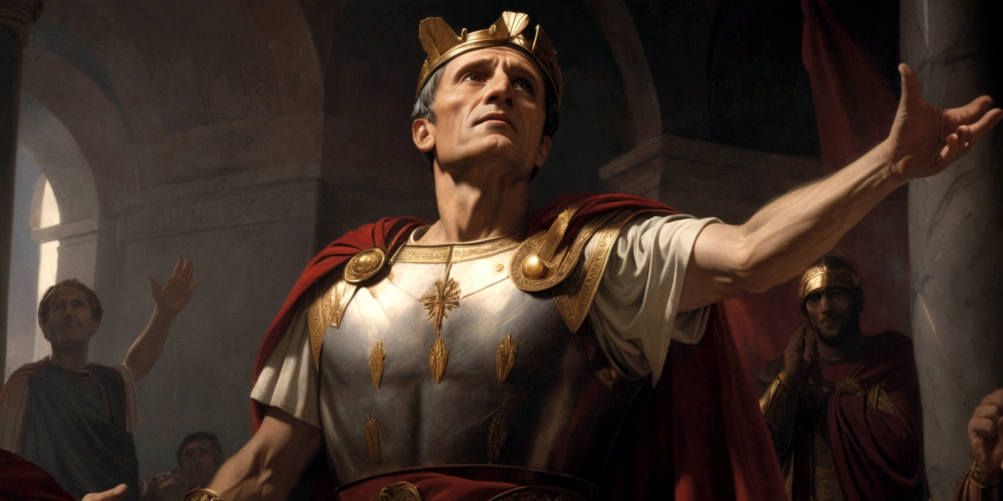 Renaissance painting of Julius Caesar, emperor of Rome, with his hands up as if he had given thanks, after a battle, he is satisfied, a heroic and hypocritical man, he is wearing his iconic clothes and his red cape.