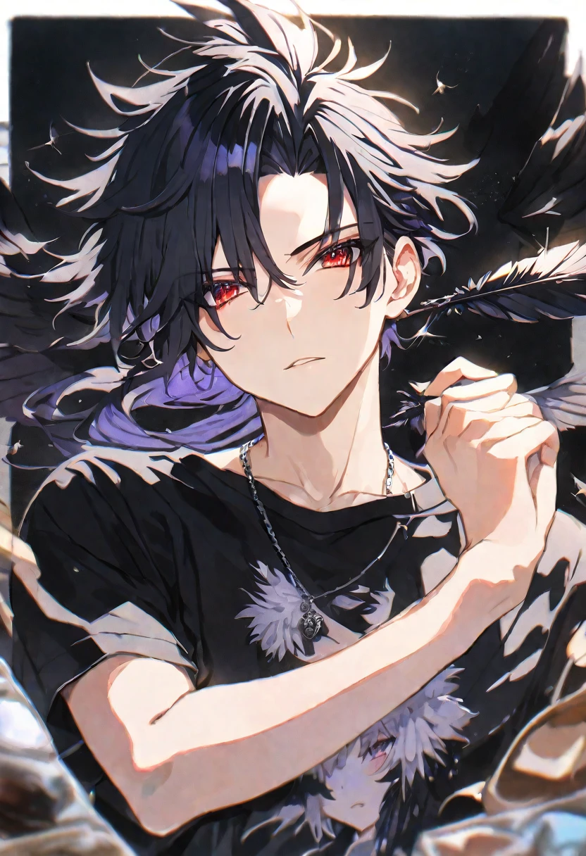 独奏,handsome,Watercolor,
delicate,4K,
1. male,
Gojo Satoru ,
black hair and half White hair, ponytail,
red eyes,
black angel's feather, 
a black oversized T-shirt,
silver necklace,
improvement of face, front, sparkle,
black background