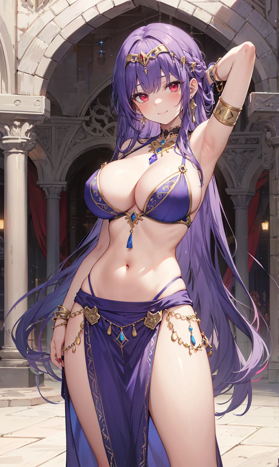high quality, ultra detailed, best quality, insanely detailed, beautiful, masterpiece, 1girl, medieval plaza, cowboy shot, red eyes, long hair, purple hair, belly dancer, circlet, earrings, armlets, bracelets, bashful smile, large breasts, cleavage, soft stomach