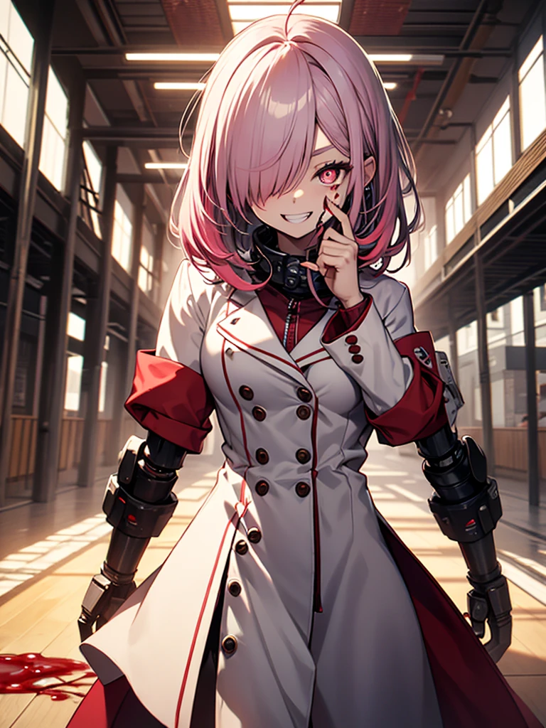 1girl, long hair, teeth, solo, blood on clothes, sharp teeth, red eyes, smile, looking at viewer, blood, hair between eyes, white hair, dress, pink hair, white dress, bangs, blood on hands, claws, messy hair, indoors, colored skin, grin, glowing, buttons, glowing eyes, blood on face, cowboy shot, fingernails, horror (theme), eyes visible through hair, parted lips, open mouth, standing, science fiction, very long hair, breasts, floating hair, blood in hair, crazy eyes, crazy smile, ringed eyes, ahoge, skirt, extra arms, white skin, evil smile, mechanical arms, pale skin, monster girl, white skirt, small breasts, long sleeves, blood stain, wooden floor, hand up, zipper, sharp fingernails, evil grin, hallway, extra eyes, shirt, hand on own face, monster, red theme, red skin, labcoat, tube, prosthesis, dutch angle, @_@, pleated skirt, eyelashes, oversized limbs, sidelocks, long fingernails, signature, blood splatter, hair over one eye, fang, door, blood on arm, red hair, fangs, pink eyes, prosthetic arm, medium breasts, blush, multicolored hair, mechanical parts, head tilt, antenna hair, artist name, slit pupils, window, upper body, light, symbol-shaped pupils, red pupils, white shirt, :d, short sleeves, clenched teeth, cable, red sclera, veins, train interior, zipper pull tab, jewelry, collared dress, colored eyelashes, double-breasted, pleated dress, albino, coat, from below, wide-eyed, fisheye, shaded face, ceiling, looking down, white coat, shadow, cyborg,