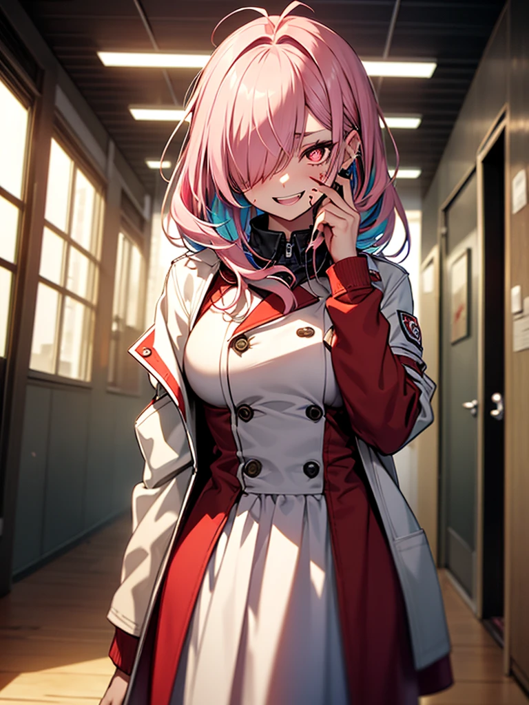 1girl, long hair, teeth, solo, blood on clothes, sharp teeth, red eyes, smile, looking at viewer, blood, hair between eyes, white hair, dress, pink hair, white dress, bangs, blood on hands, claws, messy hair, indoors, colored skin, grin, glowing, buttons, glowing eyes, blood on face, cowboy shot, fingernails, horror (theme), eyes visible through hair, parted lips, open mouth, standing, science fiction, very long hair, breasts, floating hair, blood in hair, crazy eyes, crazy smile, ringed eyes, ahoge, skirt, extra arms, white skin, evil smile, mechanical arms, pale skin, monster girl, white skirt, small breasts, long sleeves, blood stain, wooden floor, hand up, zipper, sharp fingernails, evil grin, hallway, extra eyes, shirt, hand on own face, monster, red theme, red skin, labcoat, tube, prosthesis, dutch angle, @_@, pleated skirt, eyelashes, oversized limbs, sidelocks, long fingernails, signature, blood splatter, hair over one eye, fang, door, blood on arm, red hair, fangs, pink eyes, prosthetic arm, medium breasts, blush, multicolored hair, mechanical parts, head tilt, antenna hair, artist name, slit pupils, window, upper body, light, symbol-shaped pupils, red pupils, white shirt, :d, short sleeves, clenched teeth, cable, red sclera, veins, train interior, zipper pull tab, jewelry, collared dress, colored eyelashes, double-breasted, pleated dress, albino, coat, from below, wide-eyed, fisheye, shaded face, ceiling, looking down, white coat, shadow, cyborg,
