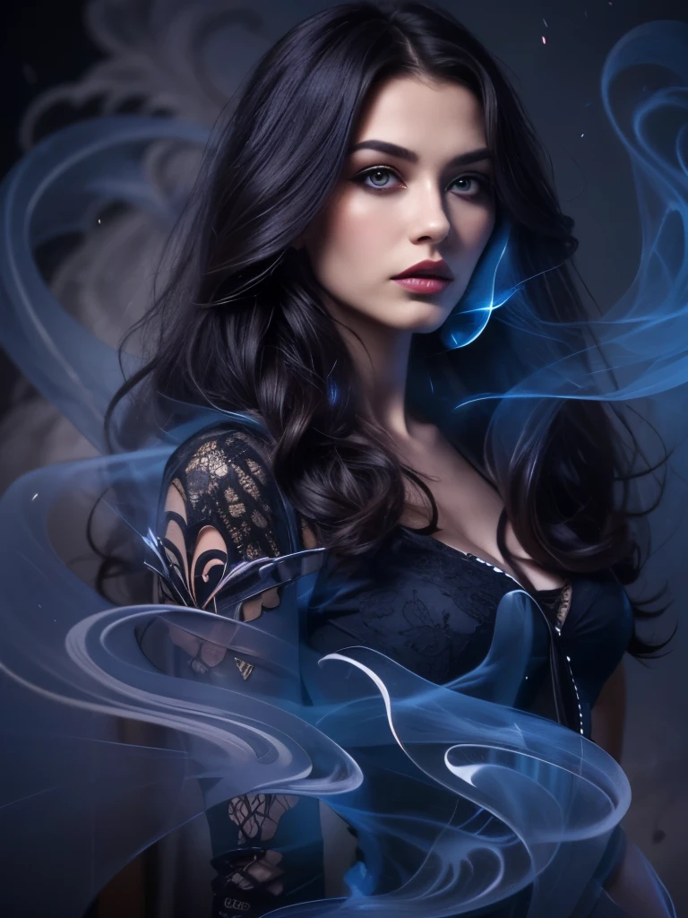1 ultra hot gorgeous European woman. Age 23., close up, beautifully evil model, sophisticated sorceress, powerful goddess, super villainess, hourglass figure, purple dress, symmetrical, highly detailed face, long flowing black hair, mesmerizing blue eyes, lush red lips, coy smile, enticing, alluring, facing viewer, looking at viewer, blue smoke swirls around her, real, high detail, best quality