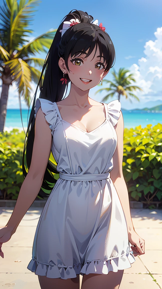 ((Pure white dress: 1.5)), ((Luxurious dress: 1.5)), ((Cute dress with frills: 1.5)), High quality, (8K, Raw, Best quality, Real: 1.5)), Ultra high quality, High resolution, Best quality, Perfect face, Perfect limbs, Perfect fingers, High resolution, (((Tropical resort: 1.5))), (((Hibiscus and palm trees growing in the background: 1.5))), (((Clear sky: 1.5))), (((Delighted: 1.5))), Deserted tropical resort background, One girl, (((: 1.5))), (Beautiful anime face, Cute face, Detailed face), -- (Black hair, with bangs), ((Slim build 1.2)), (((Medium breasts 1.3))), ((Ponytail hairstyle 1.2)), --adorable smile, (((smiling : 1.5))), (((angelic smile: 1.5))), miniature clothing, parted lips, pink lipstick, resting, standing, turning around, back view, cowboy shot, miniature human hand, cartoon style, perfect anatomy, perfect proportions, evening, nice lighting, bright colors, clean lines, information, Blurred, stunning facial expression, restless emotions, gorgeous, pretty, detailed beautiful face and eyes, (masterpiece) beautiful face, young handsome girl, realistic and perfect skin, bokeh, stunning facial expression, restless emotions, gorgeous, pretty, detailed beautiful face and eyes, (Audrey Hepburn), (17 years old), Blake, fine and beautiful skin with cleavage, (cute type), (J-pop idol), (thighs, (depth of field), (depth of field), soft light, sparkling lens gaze, (droopy eyes), straight teeth, shy smile, floating hair, Blake movie scene, cinematic full color, 4K, 8K, 16K lace, raw photo, must-see movie, professional color grade, professional photographer, school girl, , soft clean focus, realistic lighting and shading, (very delicate and beautiful artistic), elegant, eyes), (slender), (abdomen 0. 95), (slim), (beautiful girl), (waist detail 1.15), (Beautiful girl), (Details), Open lips, Full makeup face with red lips, (Glowing skin), (Perfect female body), (Full length 1. Perfect anatomy, perfect proportions, Beautiful Korean actress face,