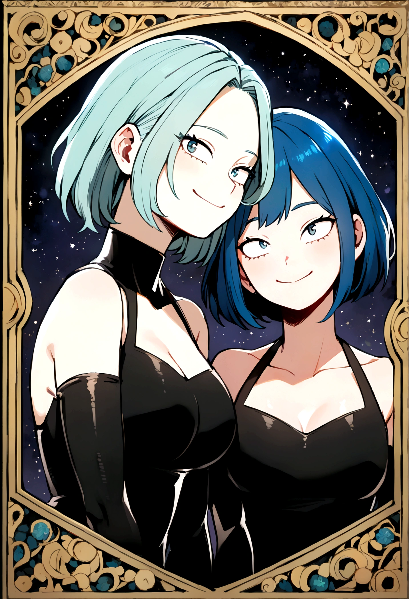 Boku no hero academia style,Women,smile,beautiful, short shoulder length hair, blue hair, clear skin, black tight clothing, kissing with the character enji todoroki