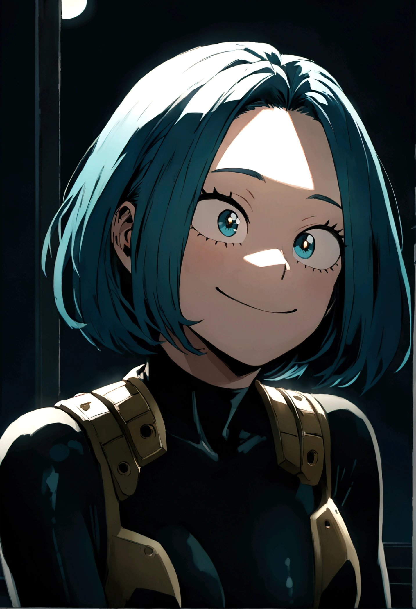 Boku no hero academia style,Women,smile,beautiful, short shoulder length hair, blue hair, clear skin, black tight clothing, kissing with the character enji todoroki