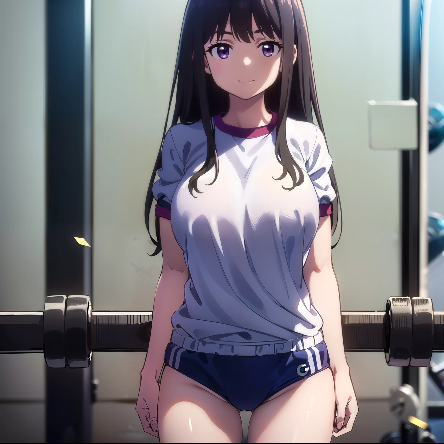 Takiuchi, Check it out, Long Hair, bangs, Black Hair, (Purple eyes:1.2), break ((((((bloomer)))))),((((((white shirts))))),(((((gym clothes))))) break outdoors, city, break looking at viewer, (Cowboy Shot:1.5), break (masterpiece:1.2), Highest quality, High resolution, unity 8k wallpaper, (figure:0.8), (Beautiful attention to detail:1.6), Highly detailed face, Perfect lighting, Highly detailed CG, (Perfect hands, Perfect Anatomy),(Big Breasts),(Thighs),smile,((((((alone)))))
