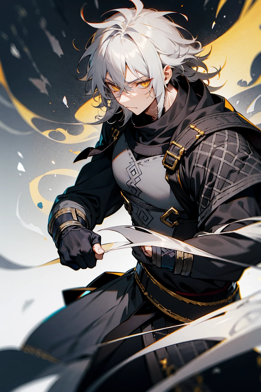 1male , Greyish White Hair , Golden Eyes , Calm Expression , Messy Hair , Muscular , Black Viking Clothing , Combat Clothing