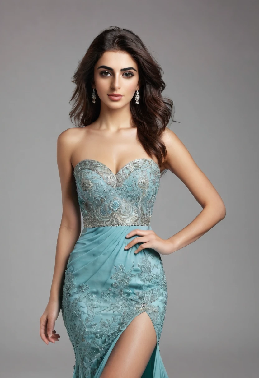 Create a realistic image of a 25-year-old Iranian female model. She should be wearing a bold, fashionable dress and facing the camera, showcasing her whole body. The model should have a figure with measurements 36-26-36 (bust-waist-hips). Ensure the model's attire and pose highlight these measurements. The background should be simple and not distracting, allowing the focus to remain on the model and her dress. The lighting should be well-balanced to highlight the details of both the model and her outfit.