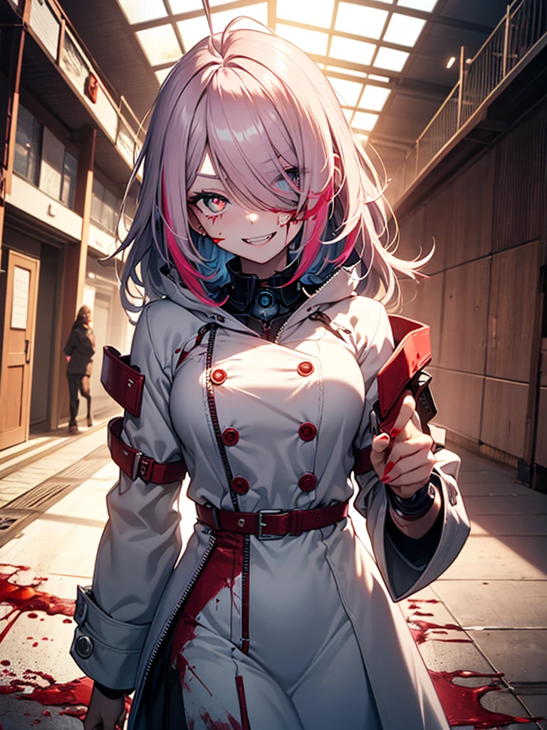 1girl, long hair, teeth, solo, blood on clothes, sharp teeth, red eyes, smile, looking at viewer, blood, hair between eyes, white hair, dress, pink hair, white dress, bangs, blood on hands, claws, messy hair, indoors, colored skin, grin, glowing, buttons, glowing eyes, blood on face, cowboy shot, fingernails, horror (theme), eyes visible through hair, parted lips, open mouth, standing, science fiction, very long hair, breasts, floating hair, blood in hair, crazy eyes, crazy smile, ringed eyes, ahoge, skirt, extra arms, white skin, evil smile, mechanical arms, pale skin, monster girl, white skirt, small breasts, long sleeves, blood stain, wooden floor, hand up, zipper, sharp fingernails, evil grin, hallway, extra eyes, shirt, hand on own face, monster, red theme, red skin, labcoat, tube, prosthesis, dutch angle, @_@, pleated skirt, eyelashes, oversized limbs, sidelocks, long fingernails, signature, blood splatter, hair over one eye, fang, door, blood on arm, red hair, fangs, pink eyes, prosthetic arm, medium breasts, blush, multicolored hair, mechanical parts, head tilt, antenna hair, artist name, slit pupils, window, upper body, light, symbol-shaped pupils, red pupils, white shirt, :d, short sleeves, clenched teeth, cable, red sclera, veins, train interior, zipper pull tab, jewelry, collared dress, colored eyelashes, double-breasted, pleated dress, albino, coat, from below, wide-eyed, fisheye, shaded face, ceiling, looking down, white coat, shadow, cyborg,